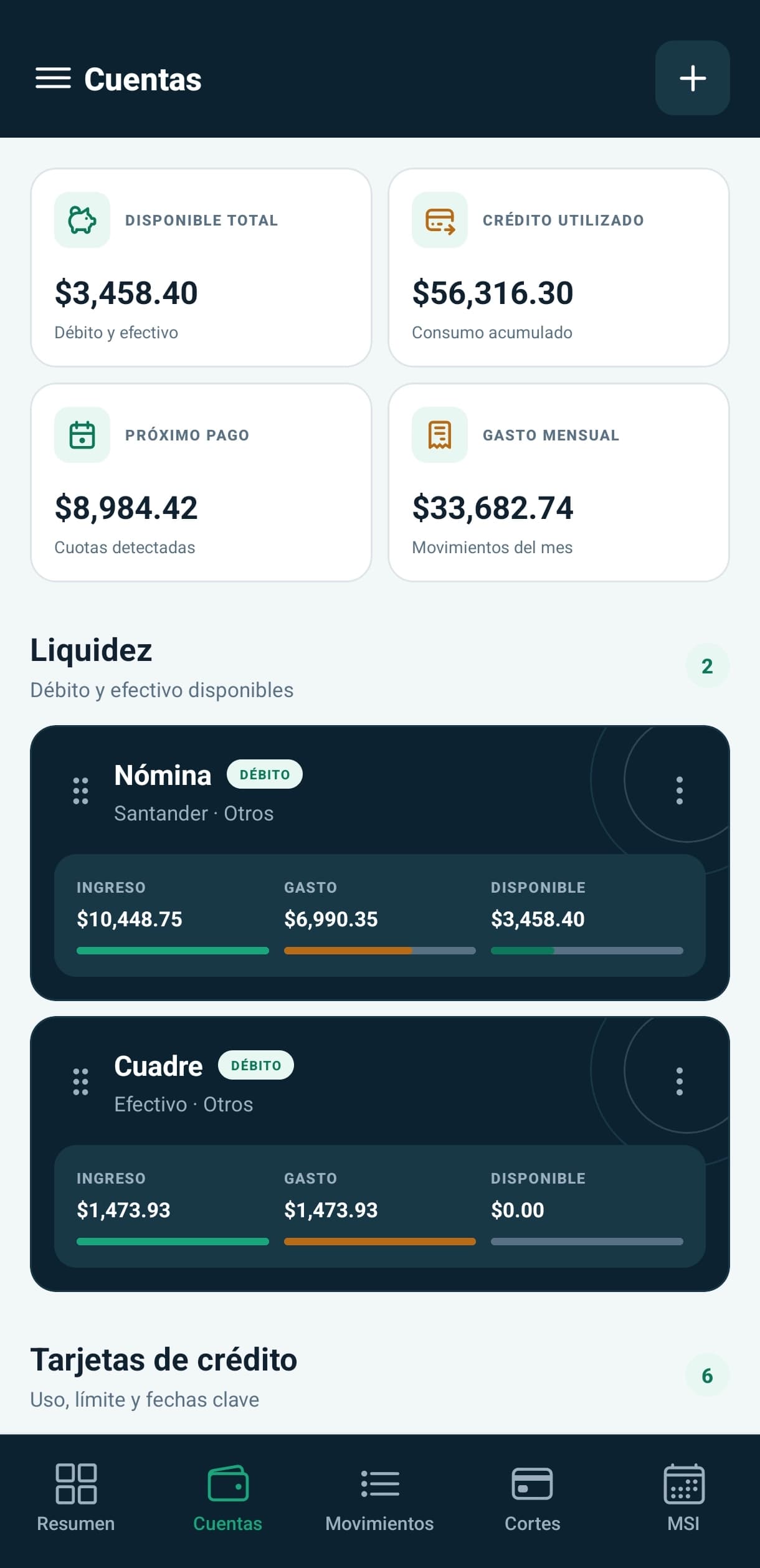 Pantalla móvil de Capitalify con saldo disponible, cuentas y tarjetas registradas