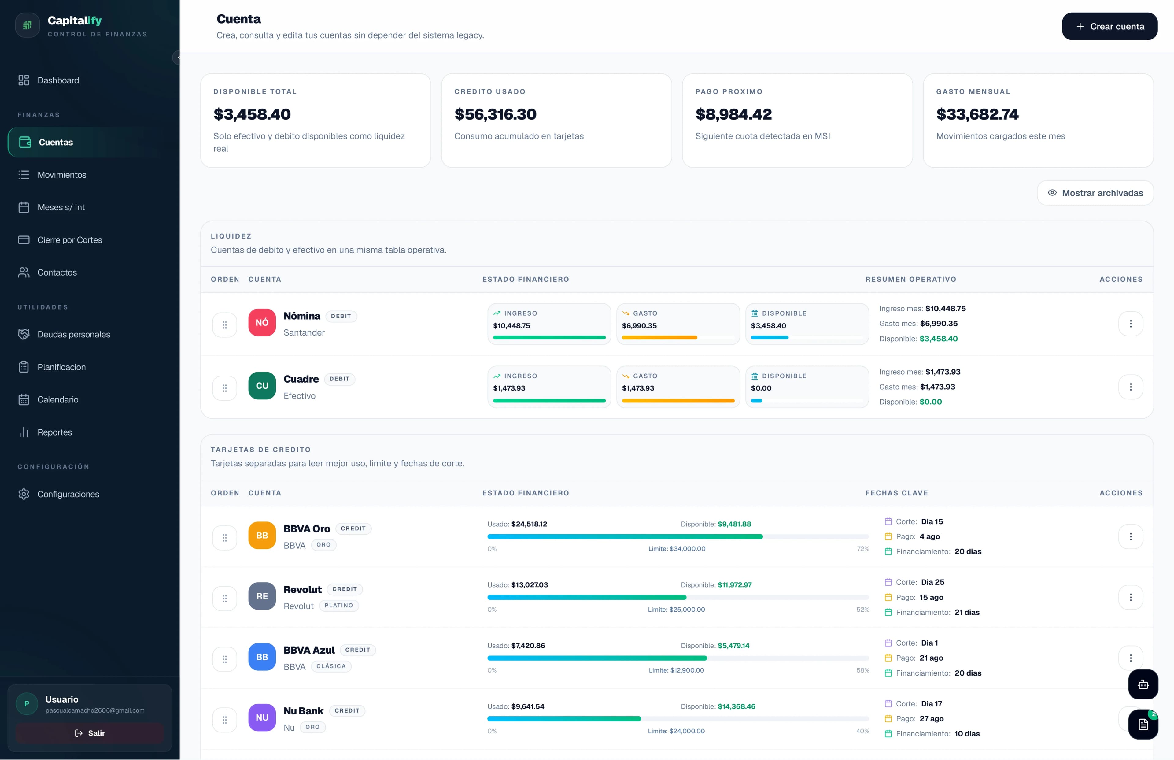 Vista web de Capitalify con resumen de cuentas, crédito utilizado y movimientos recientes